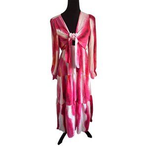Btfbm Long Pink & White Tie-Dye Maxi Dress W/ Puff Sleeves & Tie Front